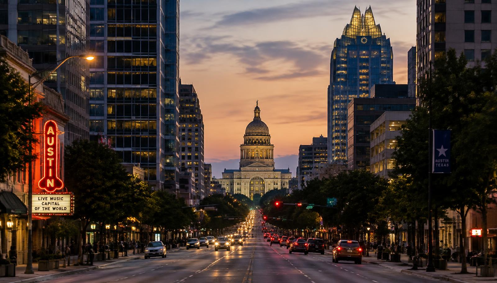 Congress Avenue in downtown Austin, Texas at dusk, looking north between office towers toward the lit Texas State Capitol dome