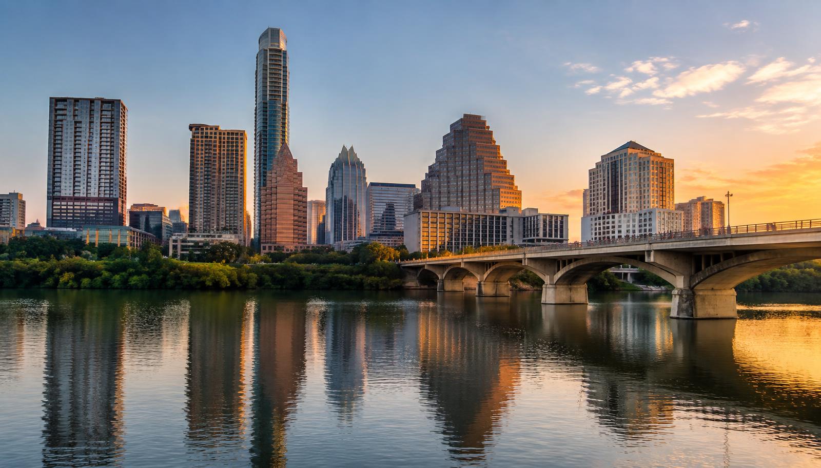 Downtown Austin, Texas skyline at golden hour reflected in Lady Bird Lake, with the Congress Avenue Bridge on the right