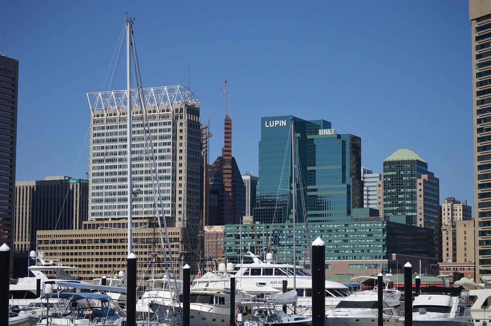 Baltimore Inner Harbor skyline with boats in the marina