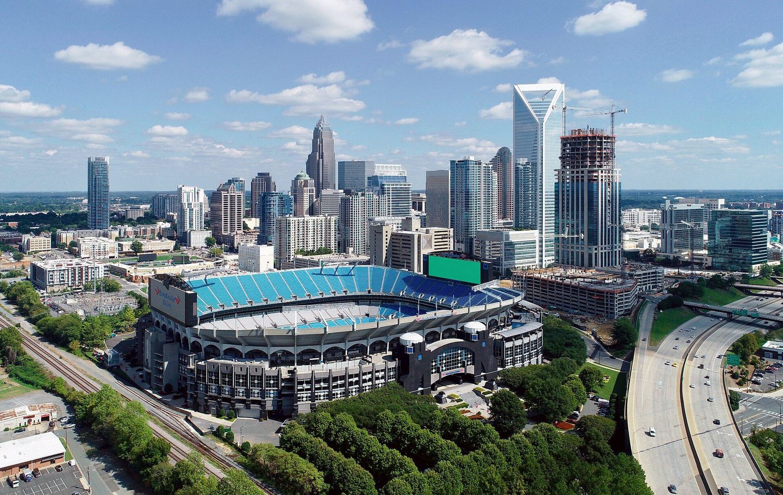 Aerial view of Uptown Charlotte skyline and Bank of America Stadium