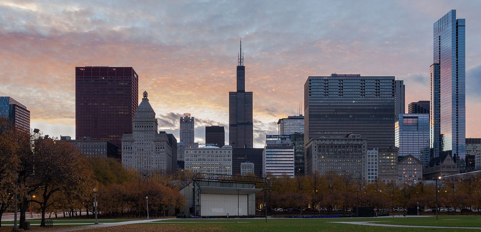 Chicago downtown skyline including Willis Tower seen from Grant Park in autumn