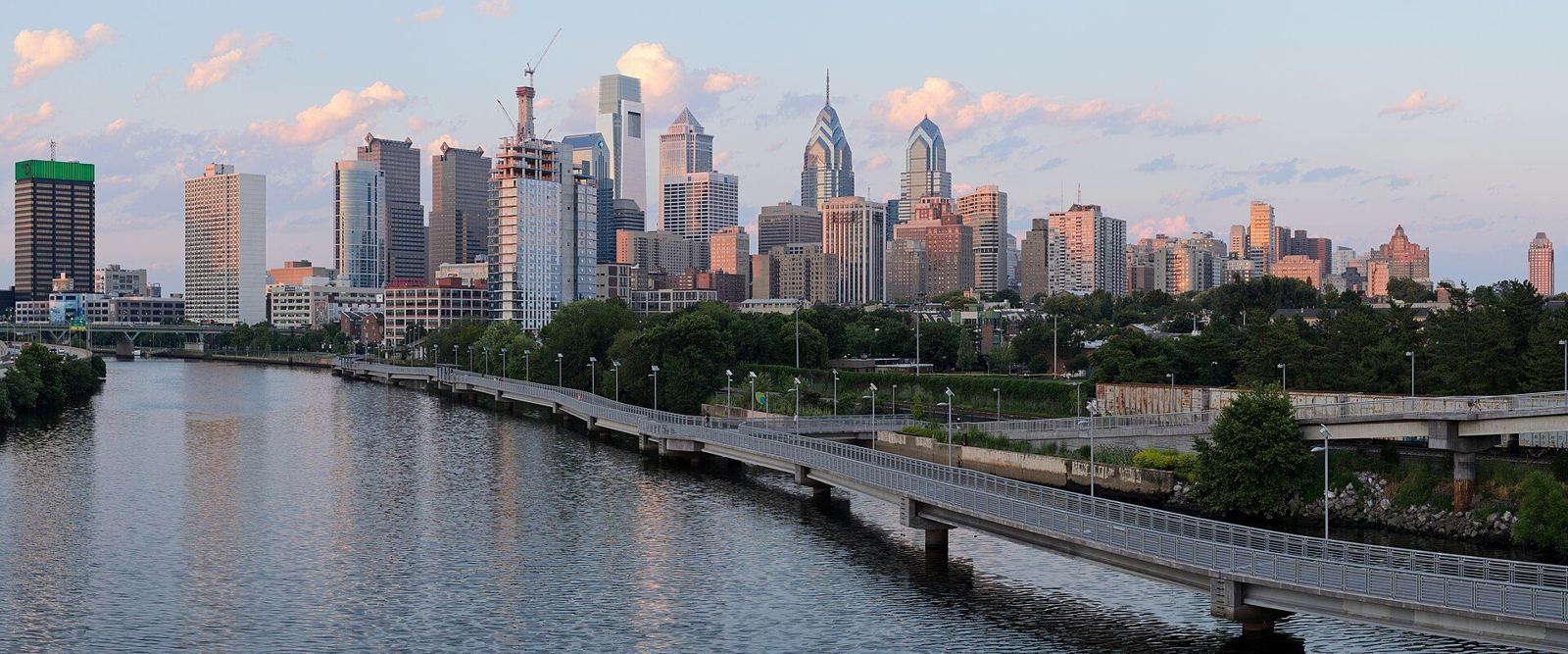 Philadelphia skyline and the Schuylkill River seen from the South Street Bridge