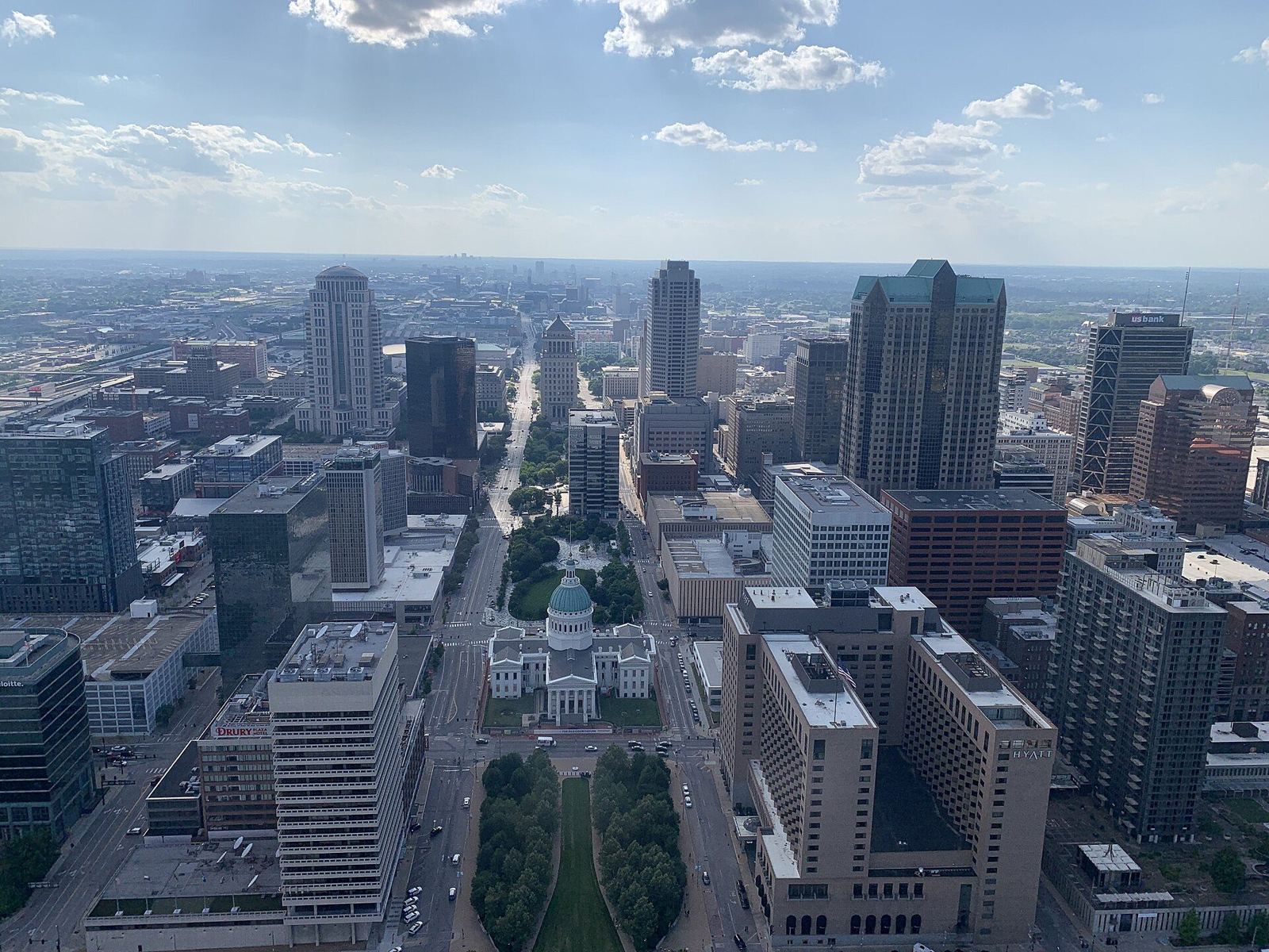 Downtown St. Louis skyline and Old Courthouse seen from the top of the Gateway Arch