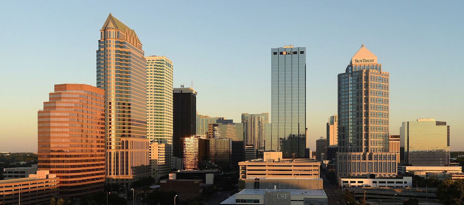 Downtown Tampa office towers glowing in late afternoon light